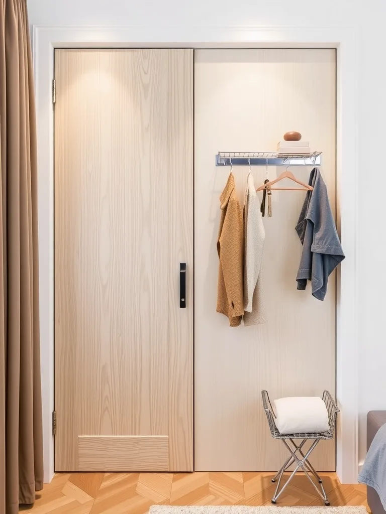 A closet door with hooks and a shelf used for hanging clothes and accessories.