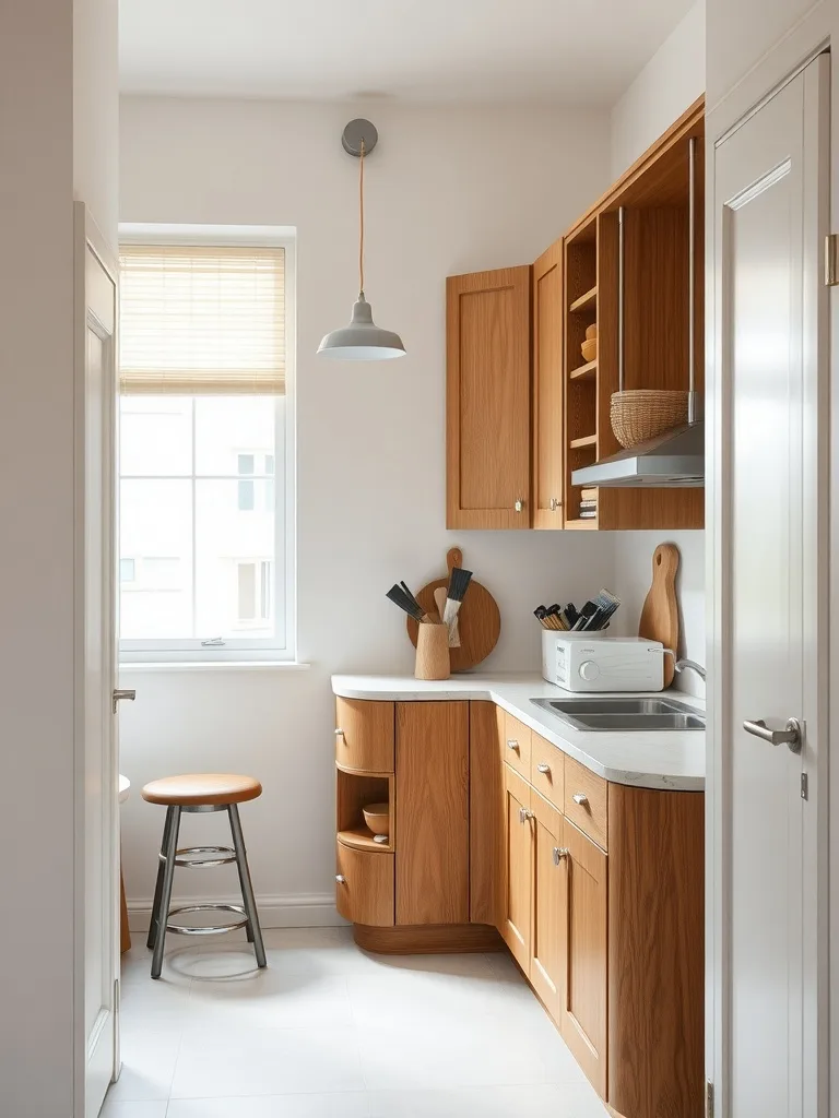 A small galley kitchen featuring curved cabinetry, a small stool, and natural light from a window.