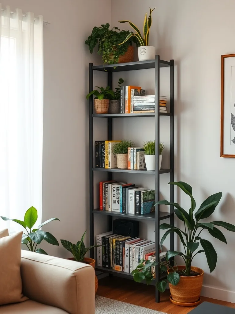 A corner shelving unit filled with books and plants in a bright room.