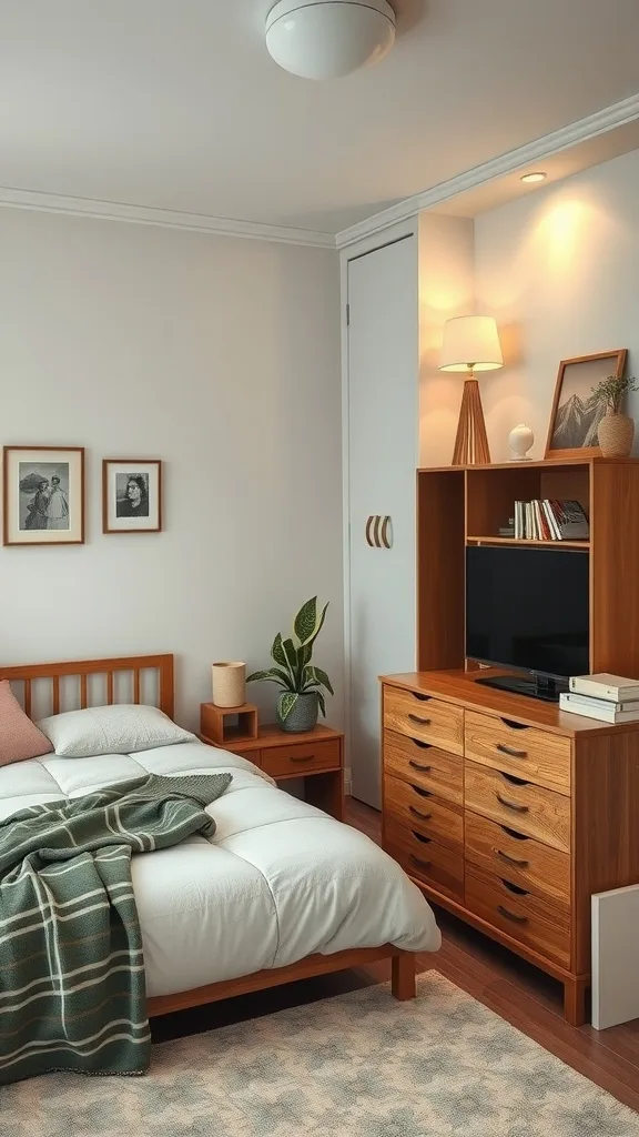 Cozy small bedroom with smart storage solutions, including a wooden bed, a dresser, and a lamp, showcasing effective use of space.