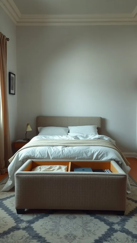 A cozy bedroom featuring a bed, a storage ottoman at the foot, and warm lighting.