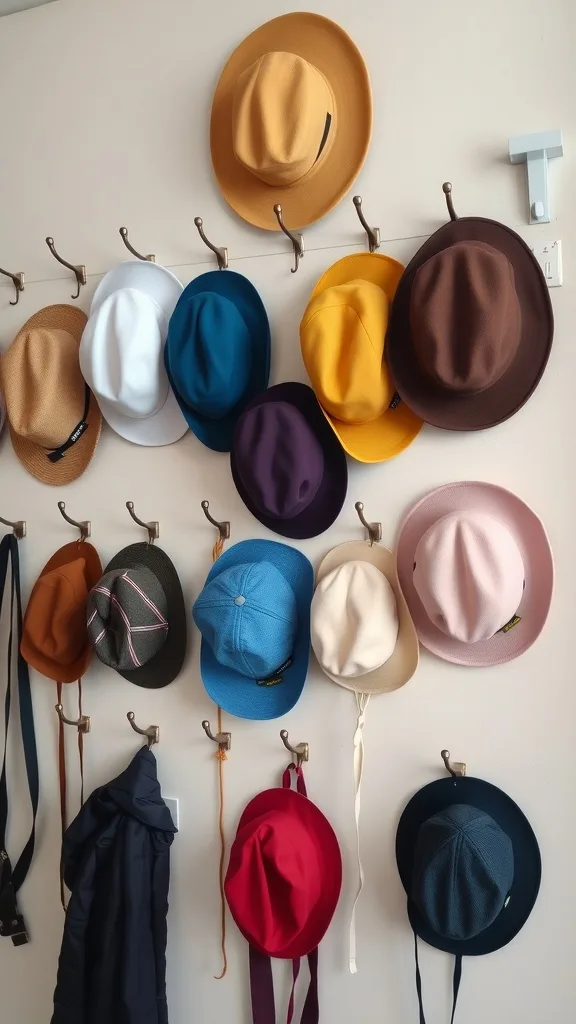 A wall displaying various colorful hats neatly hung on hooks.