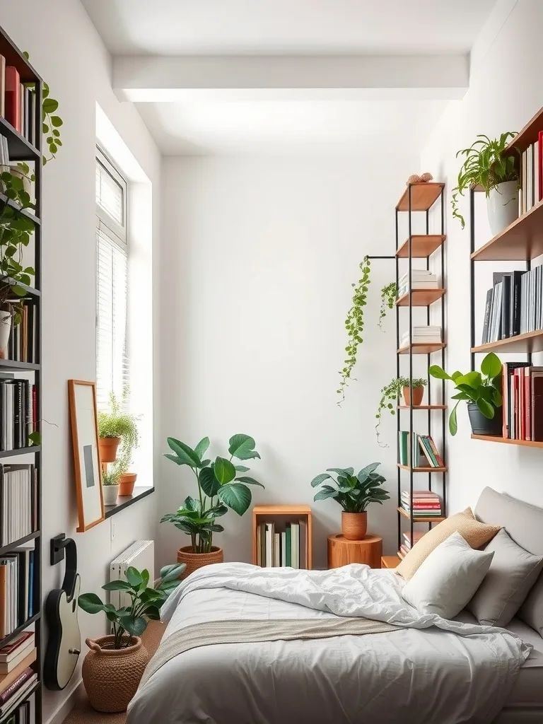 A narrow bedroom featuring tall bookshelves with plants and books, creating a cozy and organized space.