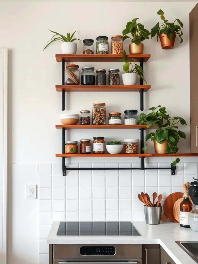 A modern kitchen with wooden wall shelves displaying jars and potted plants.