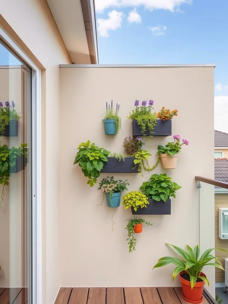 A balcony with various plants arranged in pots, showcasing a vertical garden.