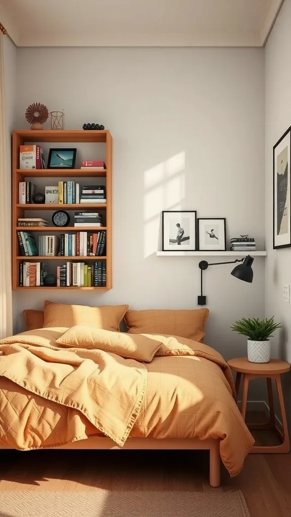 A cozy small bedroom featuring a wall-mounted bookshelf filled with books, a stylish lamp, and a neatly made bed.