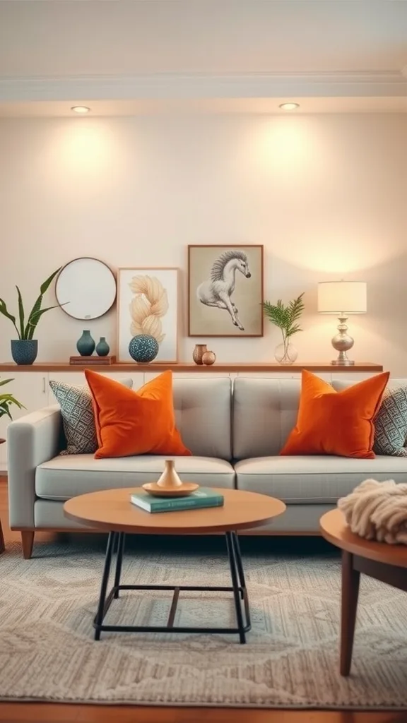 A stylish living room featuring a gray sofa with orange throw pillows, decorative vases, and framed art on the walls.