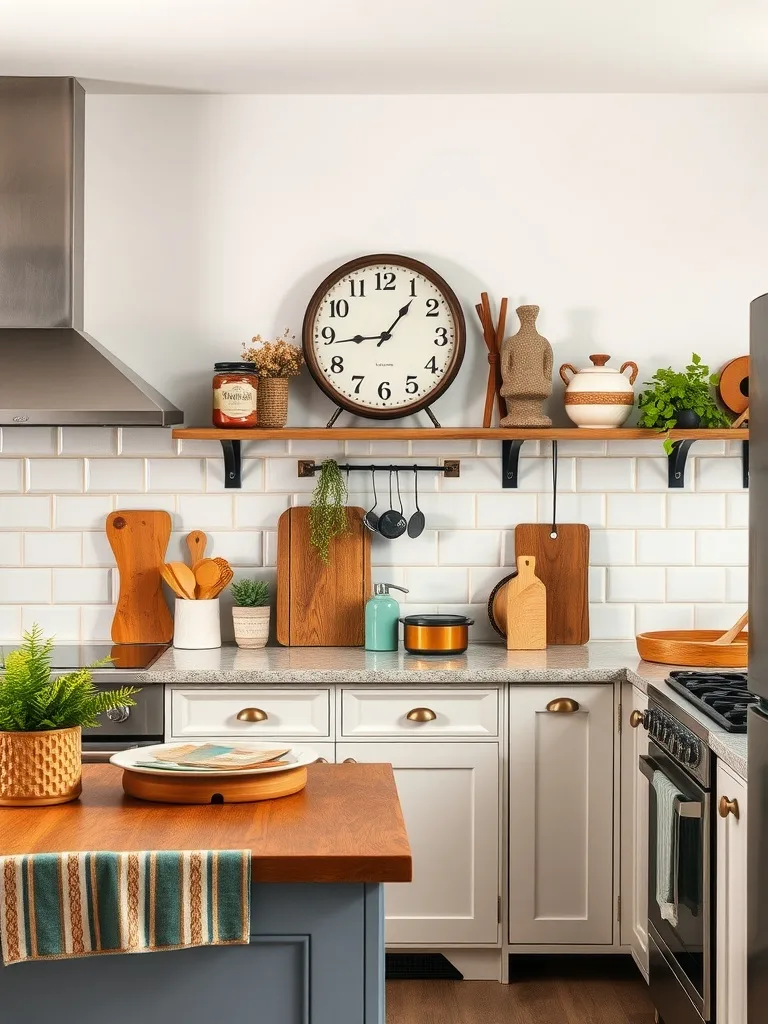 A modern boho kitchen featuring vintage accents, including a classic clock, wooden cutting boards, and plants, creating a warm and inviting space.