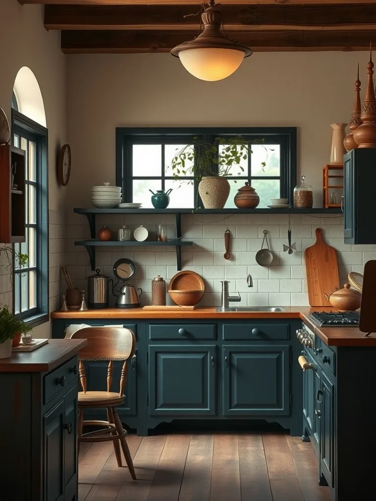 A vintage dark kitchen with dark cabinets and warm wooden accents.