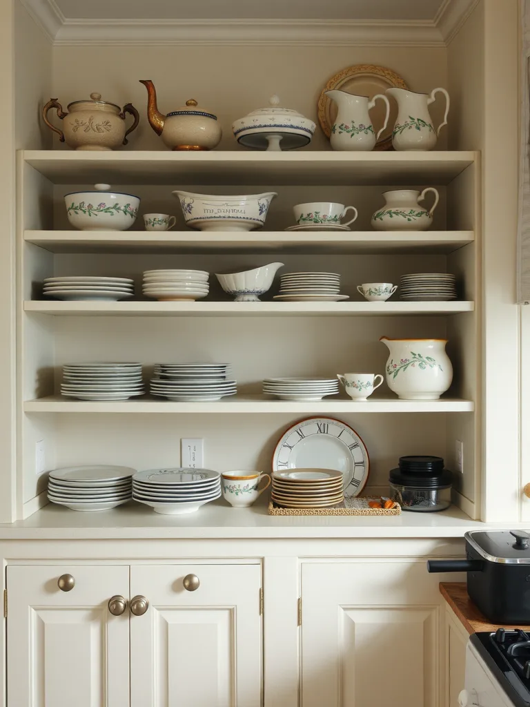 A wooden shelf filled with an assortment of vintage dishware, including white plates, bowls, and decorative items.