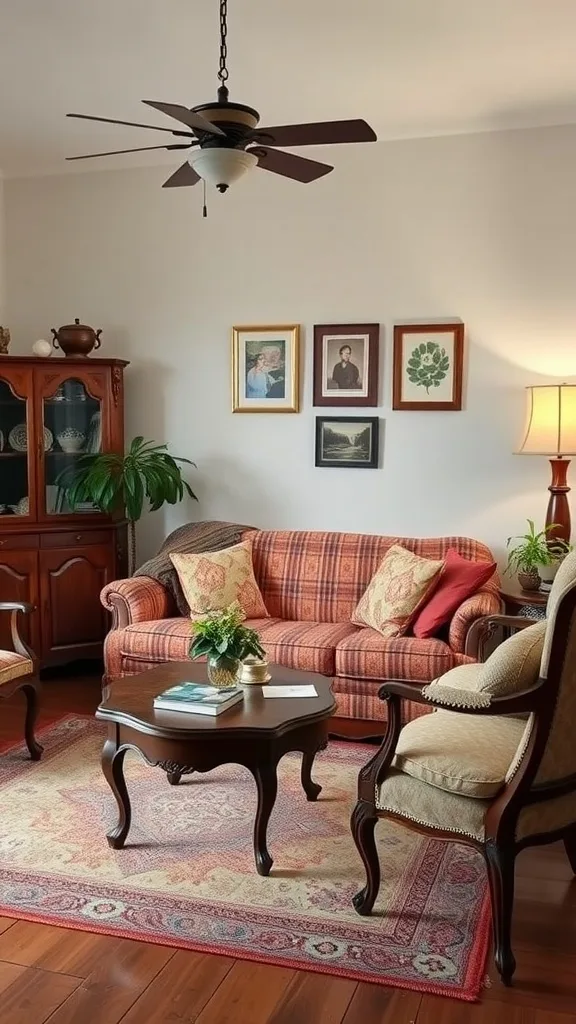 A cozy vintage living room featuring a plaid couch, wooden coffee table, and decorative elements.