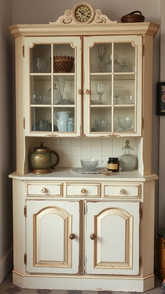 A vintage glass display cabinet with various glass items inside.