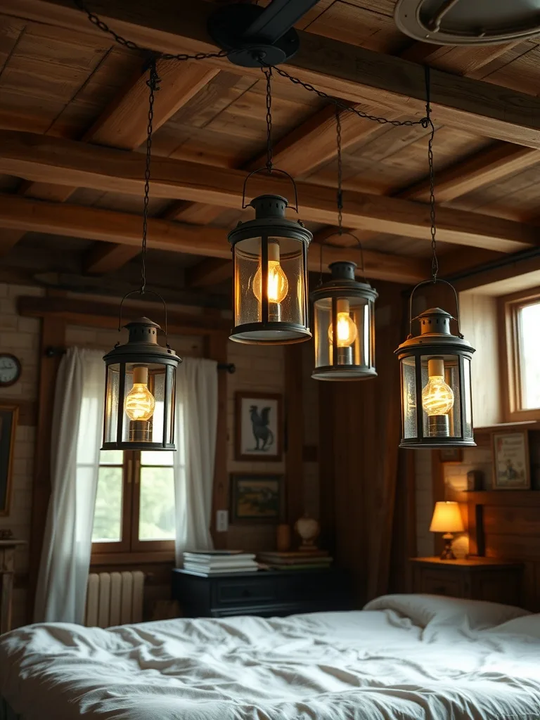 A cozy rustic bedroom with vintage lanterns hanging from the ceiling, illuminating the space softly.