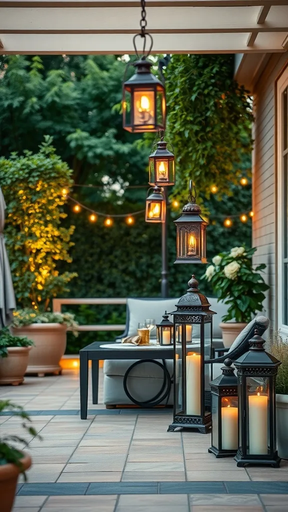 A cozy outdoor patio with vintage lanterns illuminating the seating area, surrounded by plants.