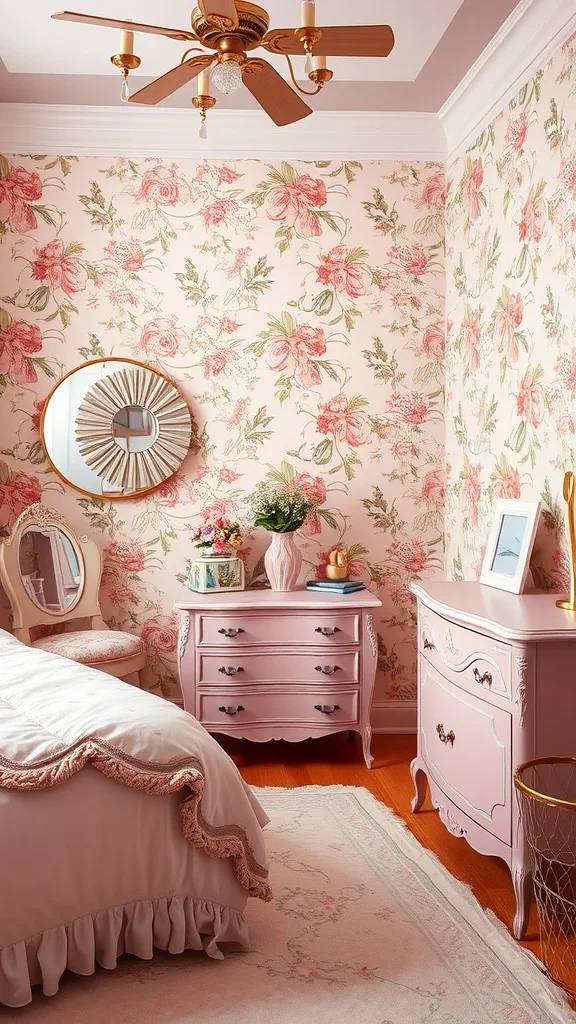 A vintage pink bedroom with floral wallpaper, a mirror, and elegant furniture.