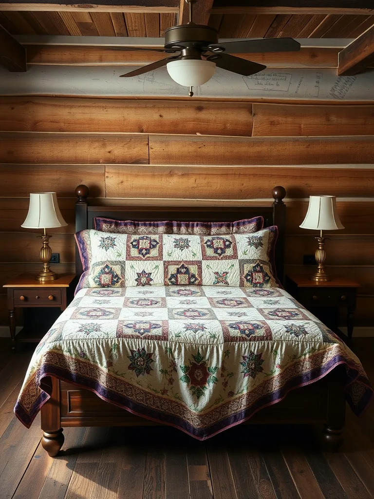 A rustic bedroom featuring a vintage quilt on a wooden bed, surrounded by wooden walls and warm lighting.