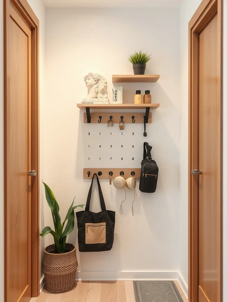 A stylish wall-mounted organizer in an entryway with shelves, hooks, a plant, and decorative items.