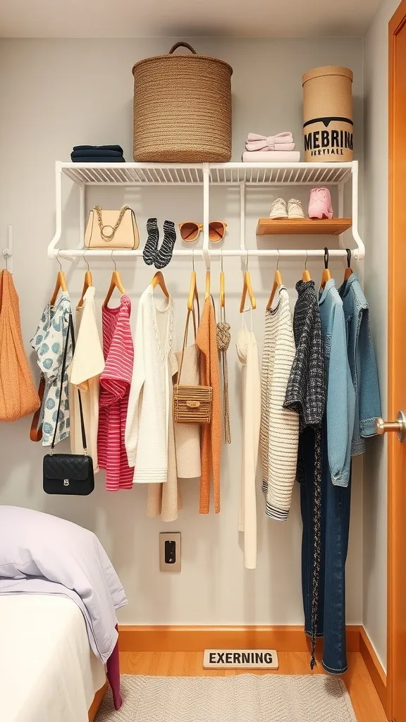 A wall-mounted rack with clothes, bags, and storage baskets in a small bedroom setting.