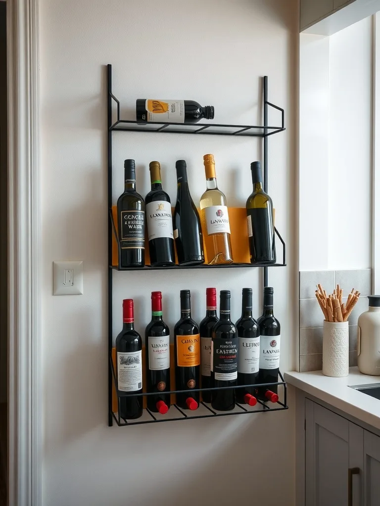 A wall-mounted wine rack displaying several wine bottles in a small kitchen.