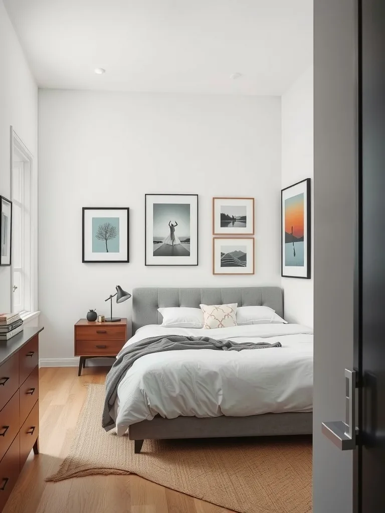 A narrow bedroom with a bed, wooden furniture, and an arrangement of framed art on the wall.