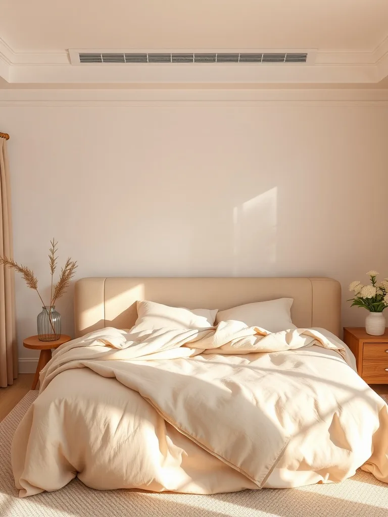 A cozy bedroom with warm beige tones, featuring a neatly made bed and soft natural light.