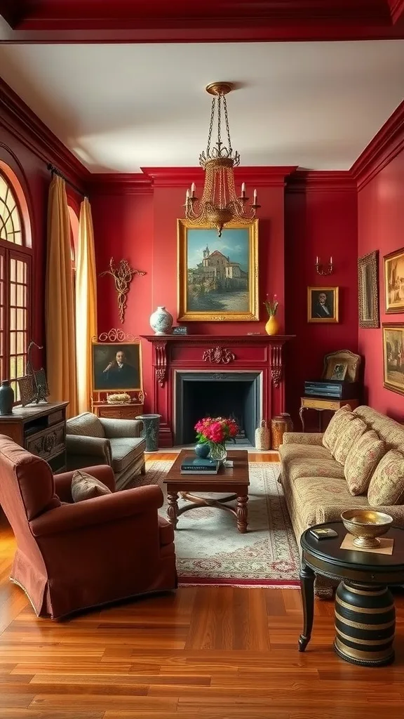 A warm colonial living room featuring rich red walls, elegant furnishings, and classic decor elements.