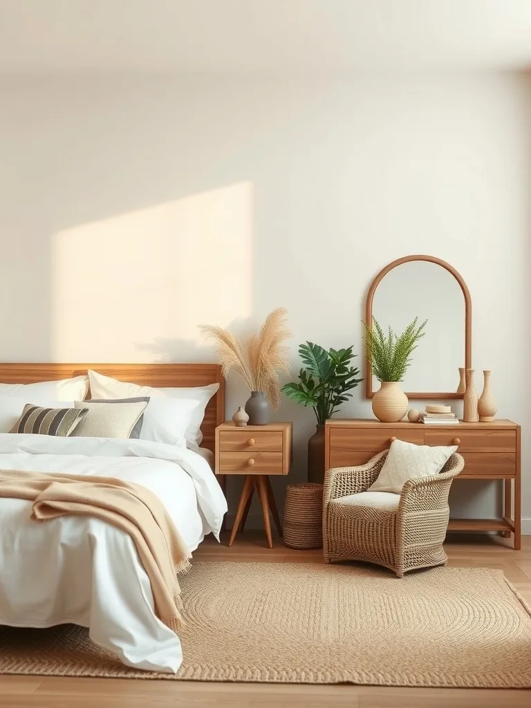 A cozy bedroom showcasing warm sand tones with natural textures and soft lighting.