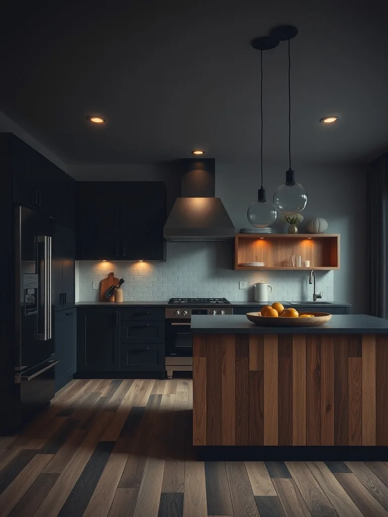 A dark kitchen featuring wood accents with a modern design.