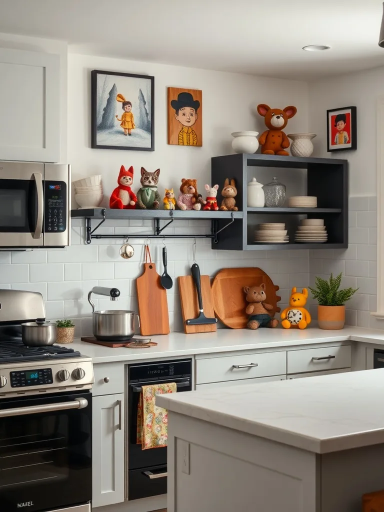 A cozy kitchen with whimsical decorative accents, including plush animal figures and colorful artwork on display.