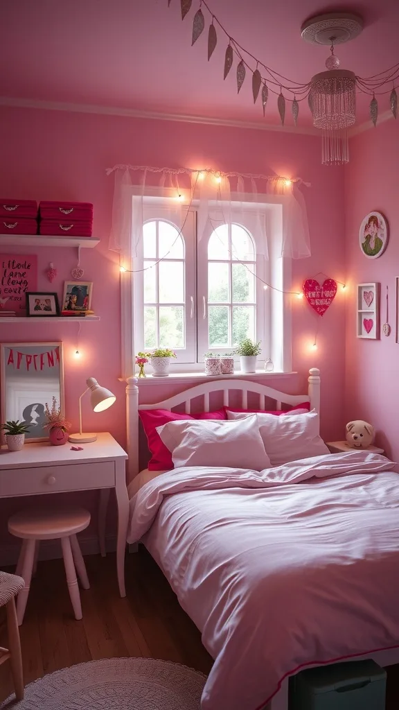 A cozy pink bedroom with soft lighting, decorated with playful items and a warm ambiance.