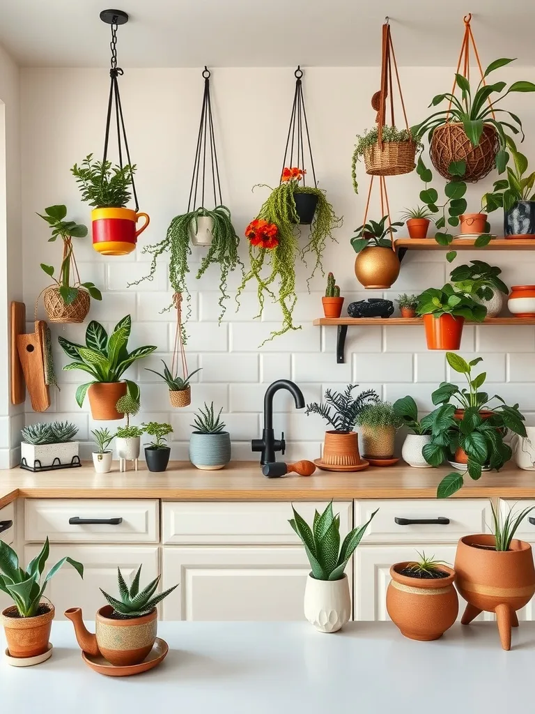 A modern boho kitchen featuring various plants in pots on shelves and countertops, with colorful hanging planters.