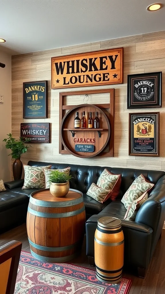 A whiskey lounge with barrels, tables, and vintage decor.