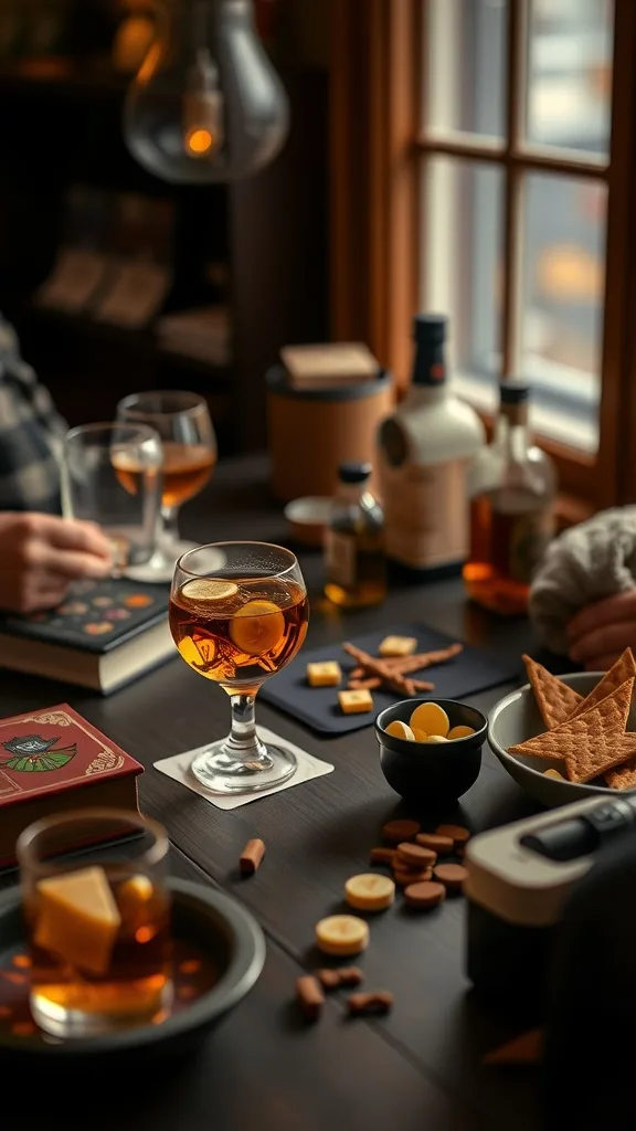 A cozy table setup with whiskey, snacks, and games for a whiskey-themed game night.