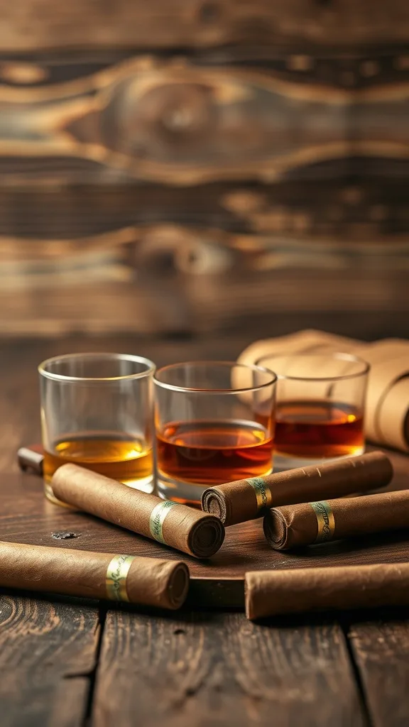 A selection of whiskey glasses and cigars on a wooden surface.