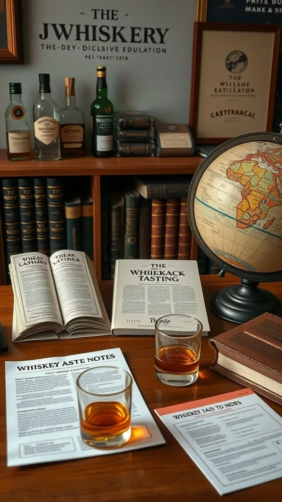 A whiskey lounge setup with bottles, tasting notes, and a globe.