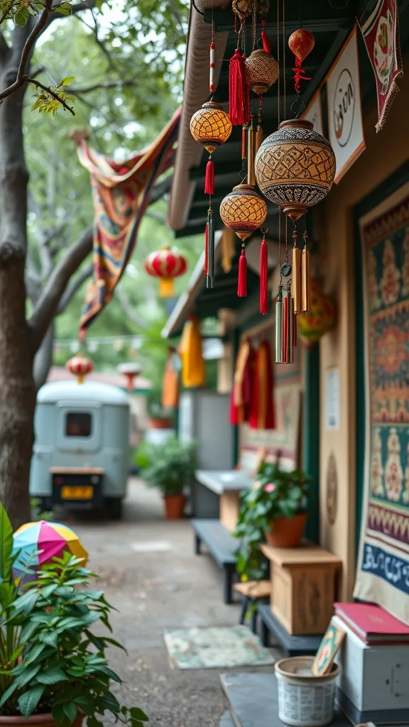 Colorful wind chimes and vibrant tapestries hanging in a cozy outdoor patio setting.