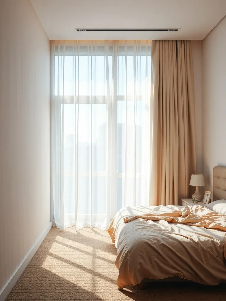 A narrow bedroom with sheer curtains allowing natural light to enter, featuring beige bedding and a cozy atmosphere.