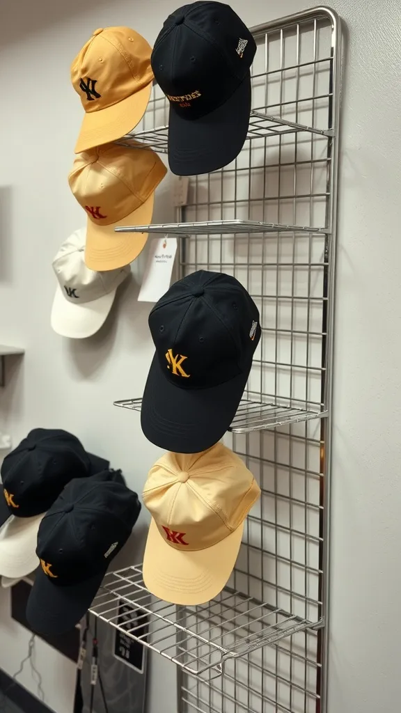 A wire rack displaying various hats in different colors.