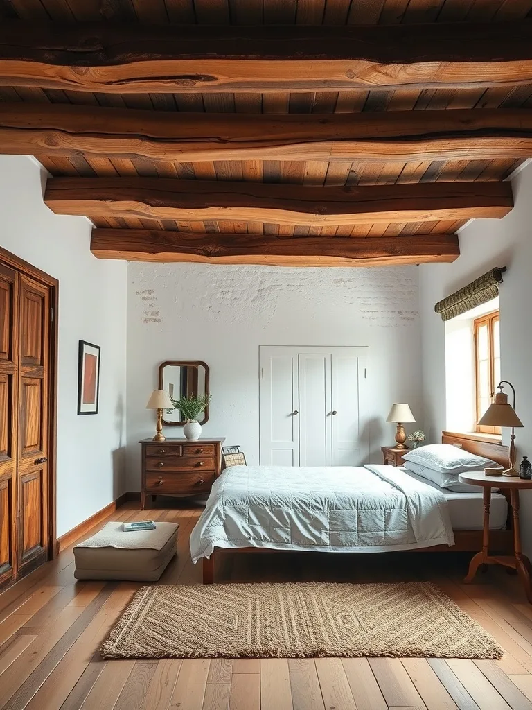 A rustic bedroom with wooden beams on the ceiling, a cozy bed, wooden furniture, and warm tones.