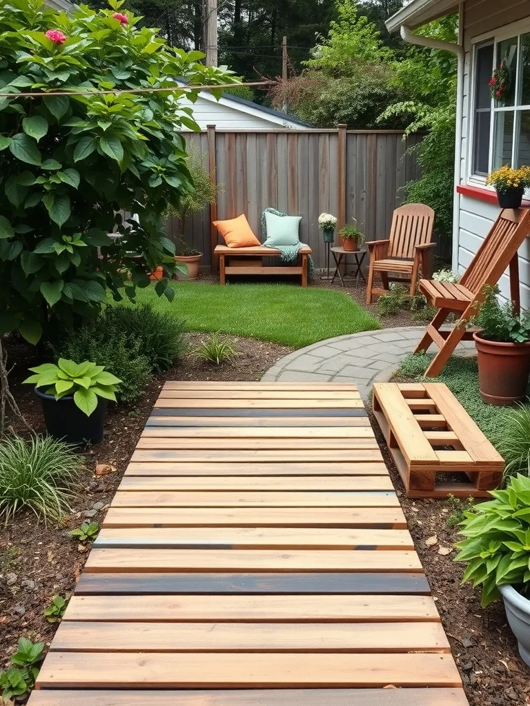 Wooden pallet walkway leading through a garden with seating areas