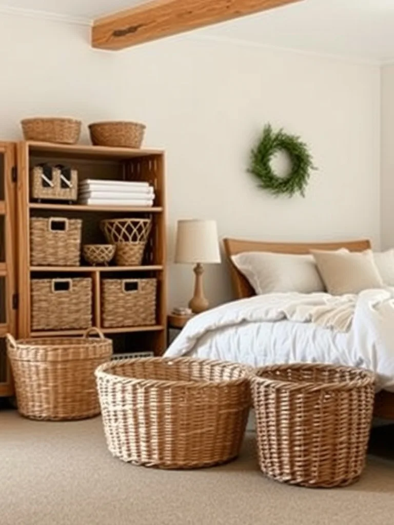 A cozy rustic bedroom with woven baskets for organization.