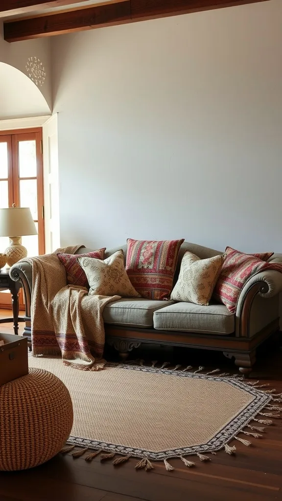 A cozy colonial living room with a sofa adorned with patterned cushions and a natural fiber rug.