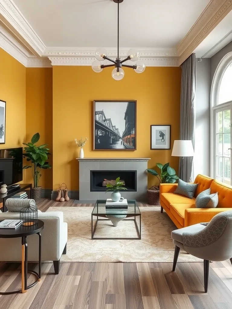 A bright yellow living room with gray furniture and accents.