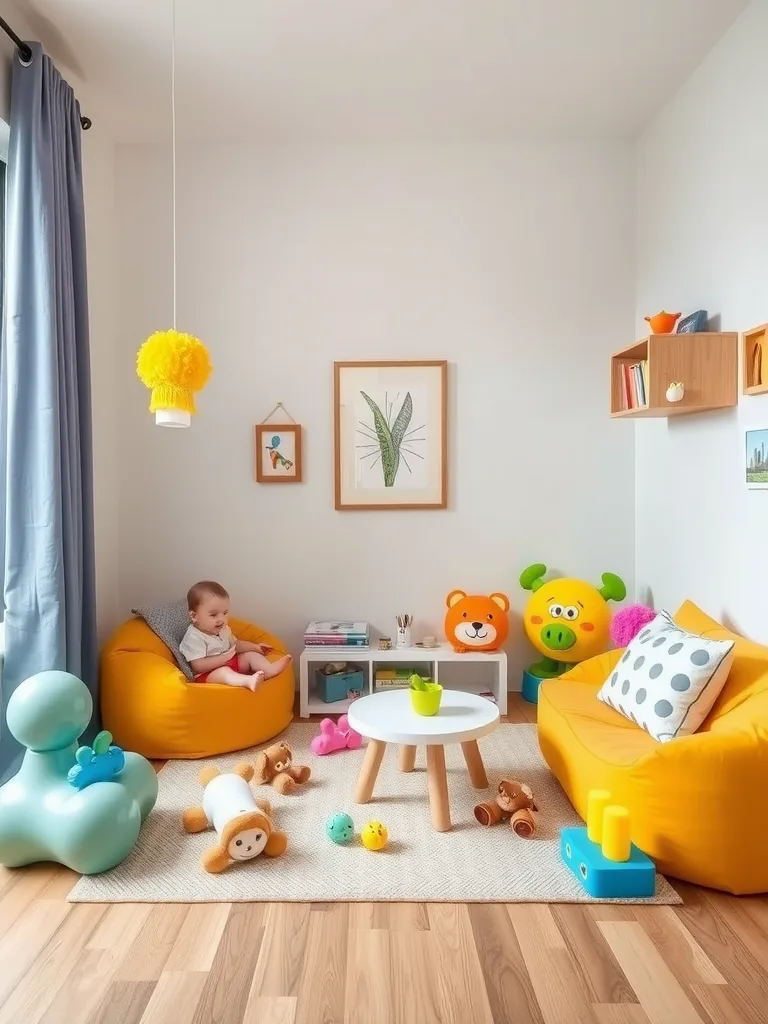 A bright yellow living room corner with bean bags, toys, and a child playing.