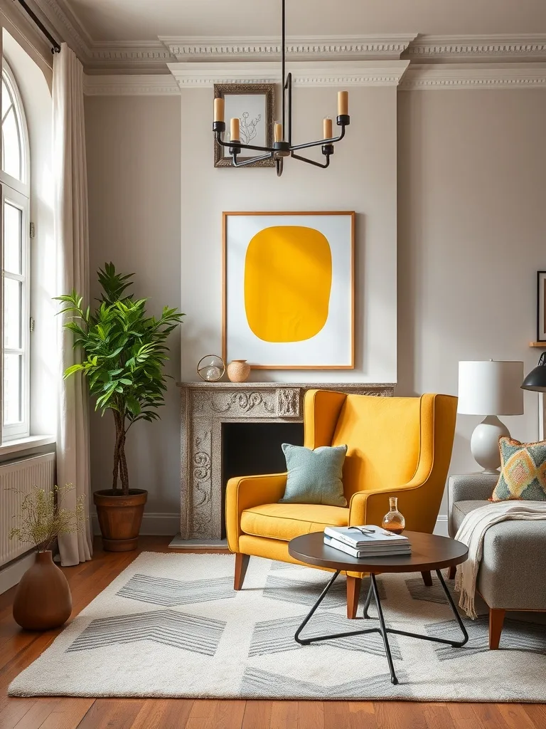 Bright yellow armchair in a stylish living room setting with neutral tones and decorative elements.