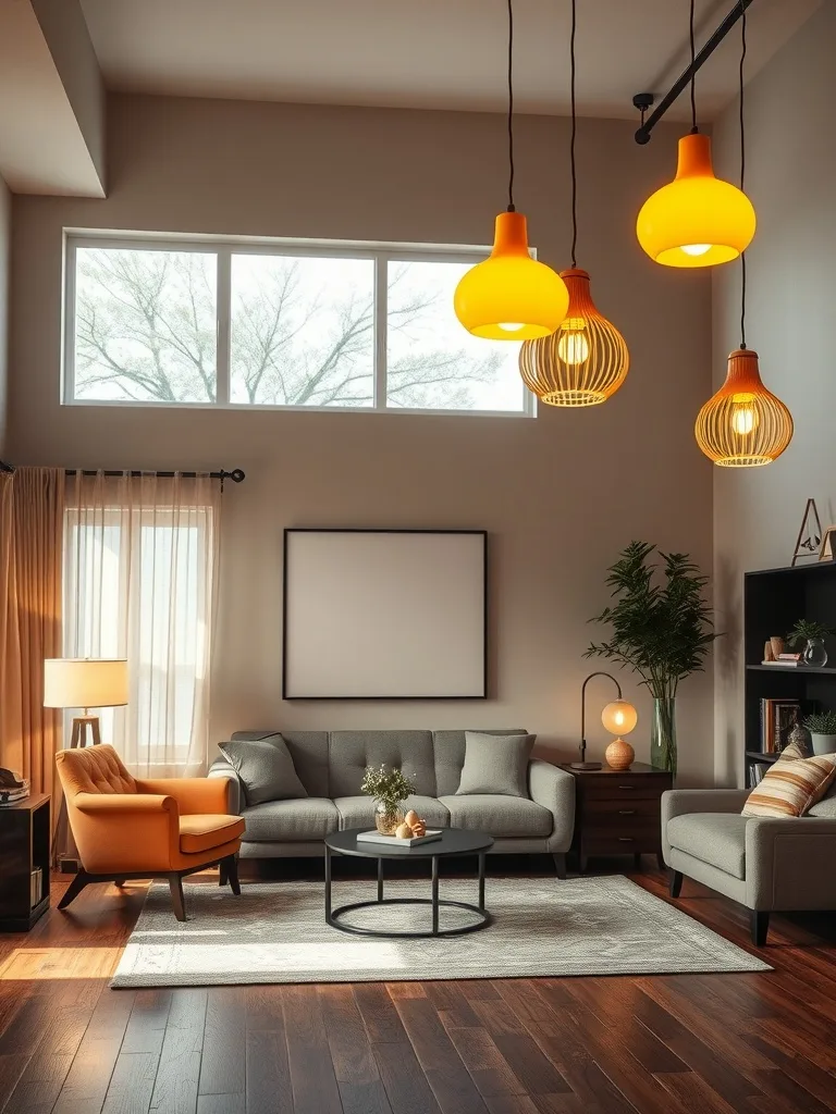 A stylish living room featuring yellow lighting fixtures that enhance warmth and comfort.