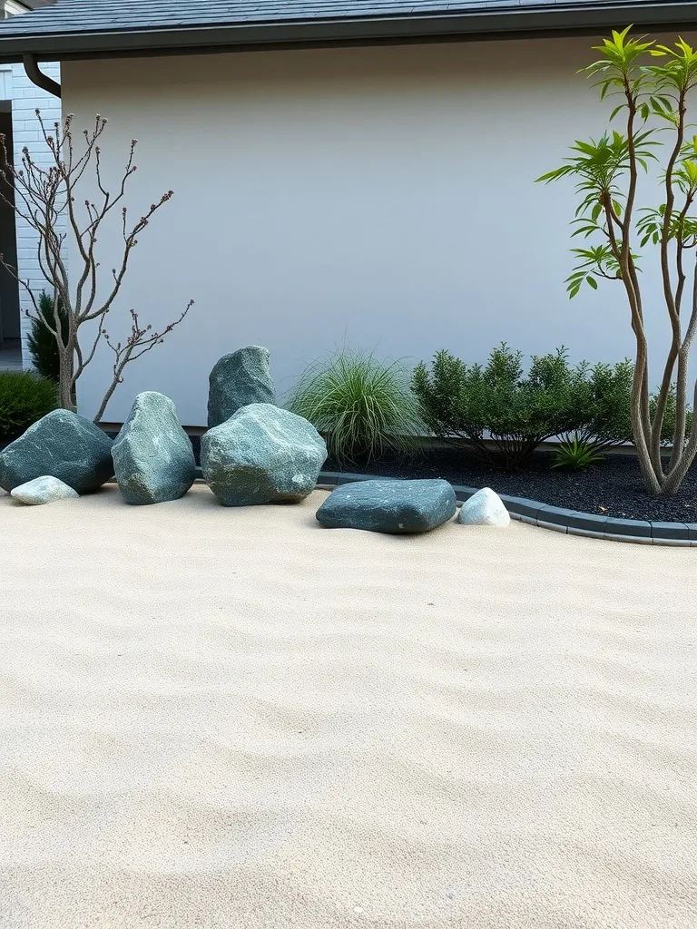 A Zen garden featuring large rocks, smooth sand, and surrounding greenery.