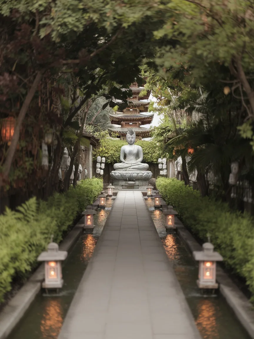 A serene garden pathway leading to a Buddha statue surrounded by greenery and lanterns.