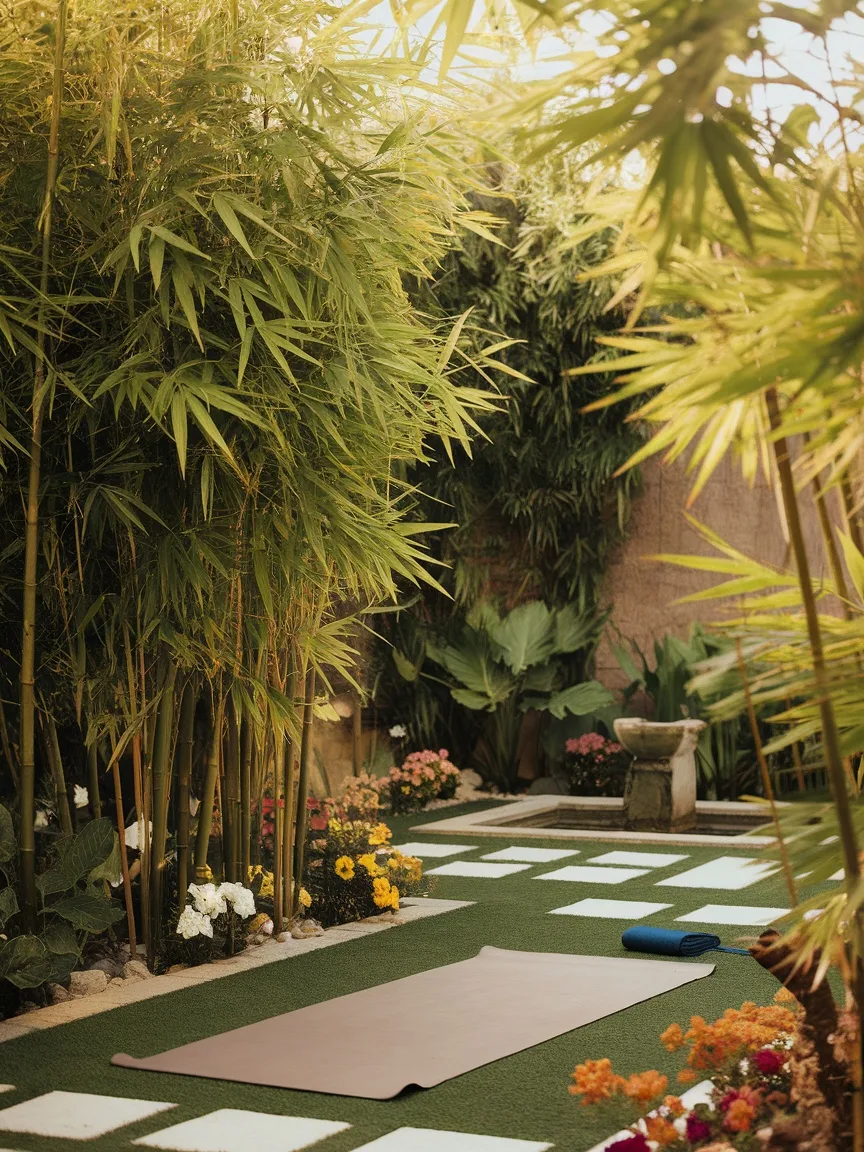 A tranquil yoga garden surrounded by bamboo and colorful flowers.