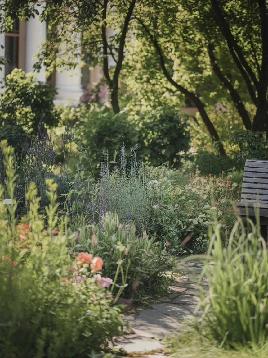 A serene garden pathway surrounded by aromatic herbs and colorful flowers, with a wooden bench for relaxation.